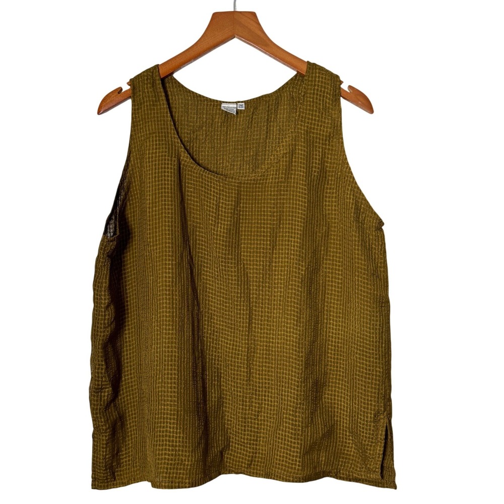 Handmade Mustard Yellow Crinkle Plisse Grid Scoop Neck Tank Top Womens One Size